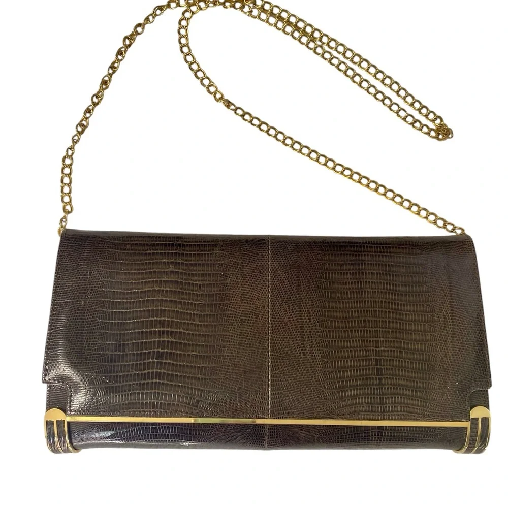 Vintage Reptile Skin Large Clutch Crossbody Gold Metal Chain